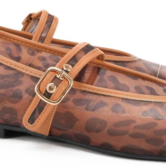 Women's Leopard Print Mesh Ballet Flats Square Toe Buckle Shoes for Dress - Picture 3 of 7